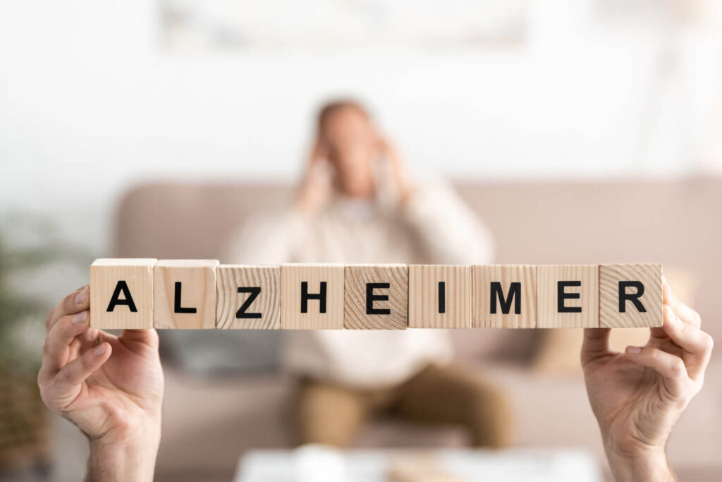 Scrabble letters spelling out the word Alzheimers 