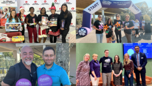 Collage of Cortechs employees volunteering in the community, including participating in an Alzheimer’s awareness walk and a holiday toy drive for local families.